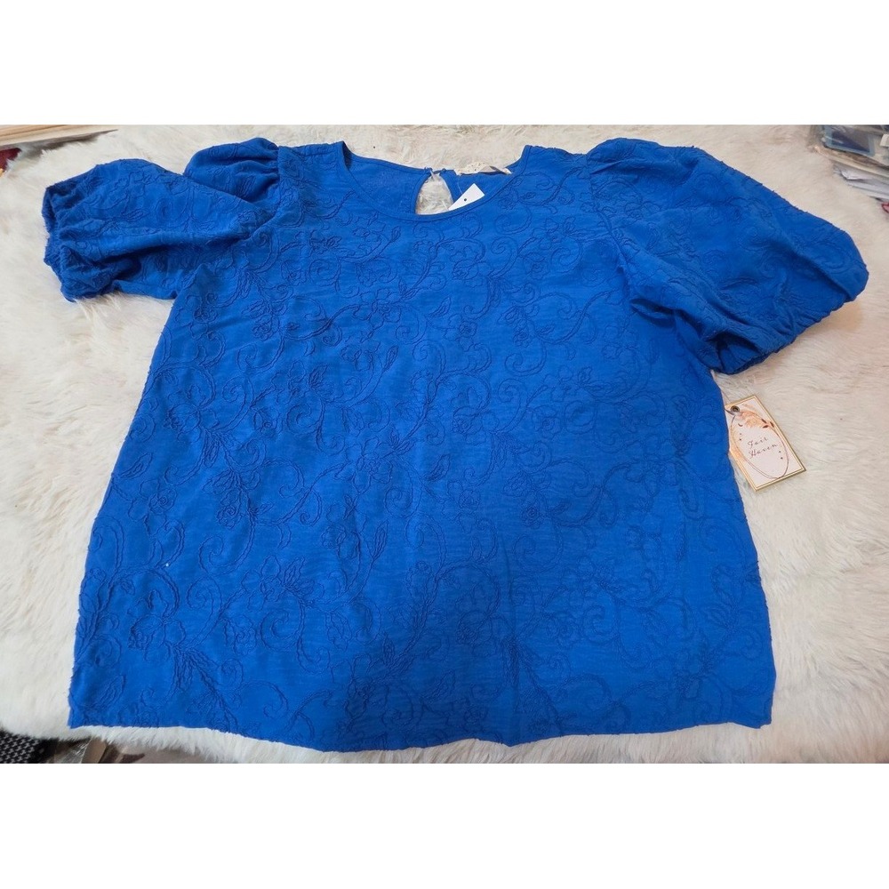 Fair Haven Cobalt Royal Blue Textured Floral Button-Back Blouse - NWT Size M